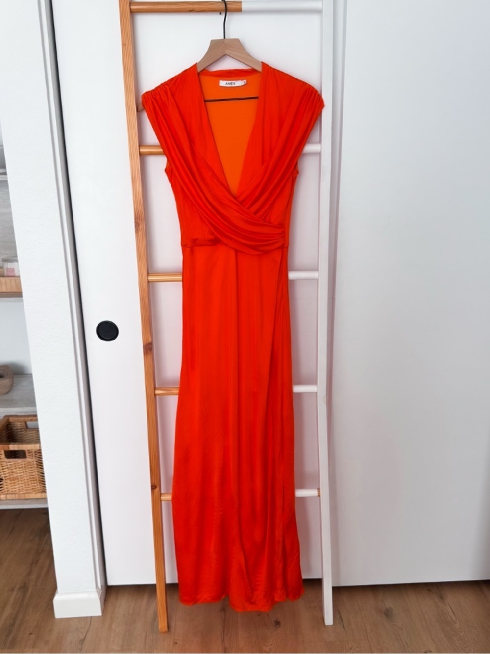 Amen Red Draped Maxi Dress V Neck Ruched Gown